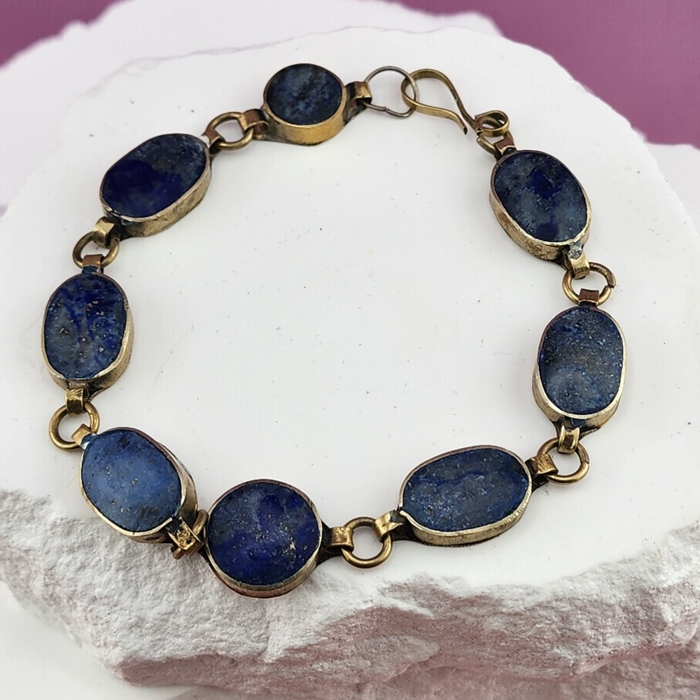 Vintage Lapis Lazuli Bracelet 8 Oval Blue Stone Brass Tone Link Hook Clasp 8in